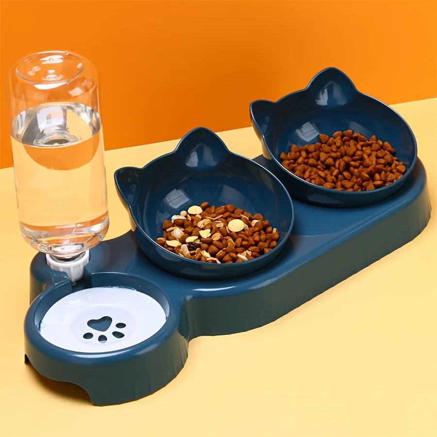 Tilted Cat Bowl Set with Gravity Water Bottle