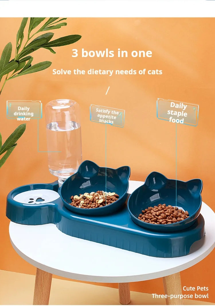 Tilted Cat Bowl Set with Gravity Water Bottle